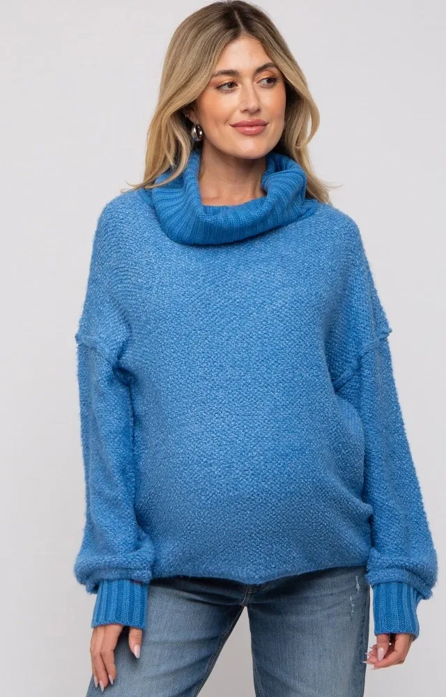 Blue Turtleneck Boucle Maternity Sweater