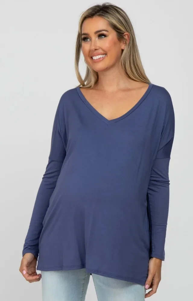 Blue V-Neck Maternity Top