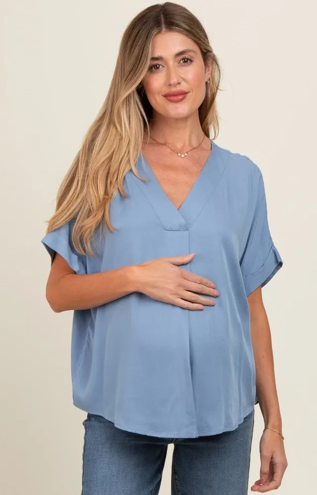 Blue V-Neck Pin-Tuck Detail Maternity Top