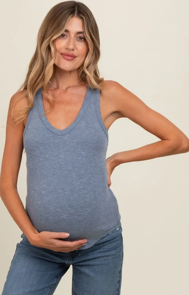 Blue V-Neck Ribbed Maternity Tank Top