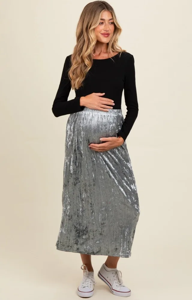 Blue Velvet Crinkled Maternity Midi Skirt