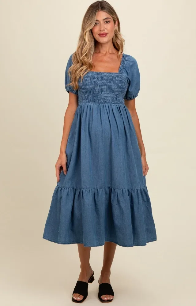 Blue Vintage Wash Chambray Smocked Maternity Midi Dress