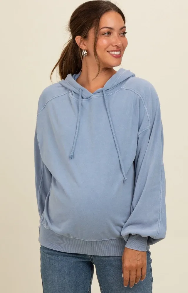 Blue Vintage Wash Oversized Maternity Drawstring Hoodie