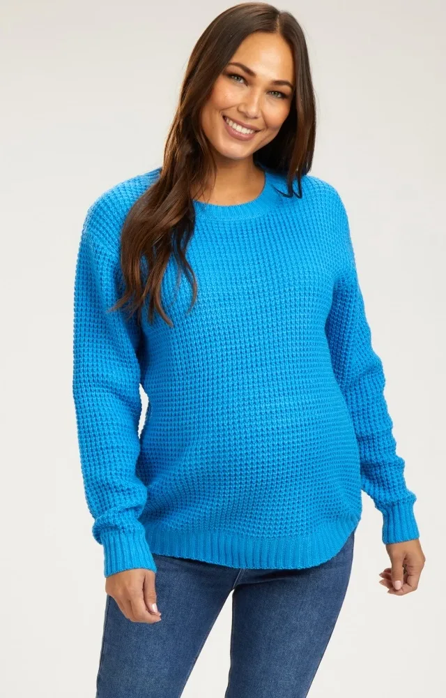 Blue Waffle Knit Round Hem Maternity Sweater