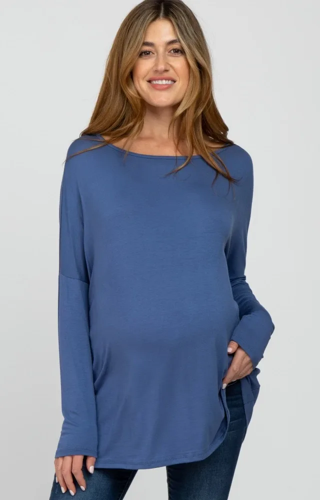 Blue Wide Neck Maternity Long Sleeve Top