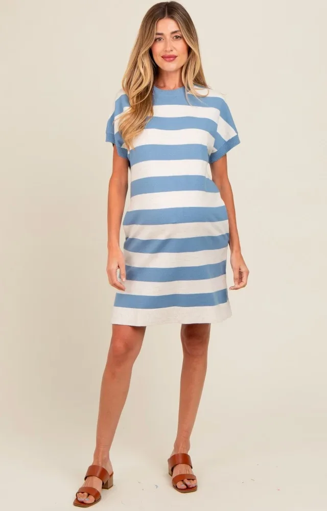 Blue Wide Stripe Knit Maternity Dress