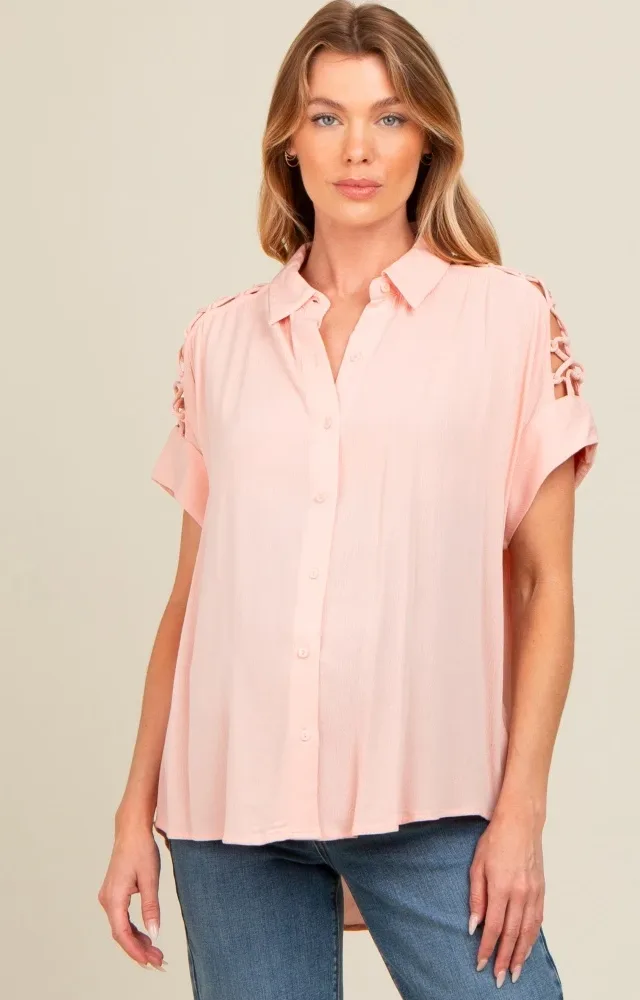 Blush Button Down Lace-Up Shoulder Maternity Top