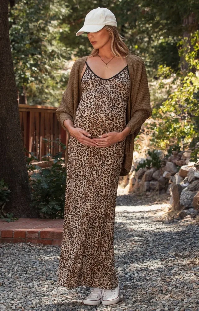 Brown Animal Print Fitted Maternity Maxi Dress