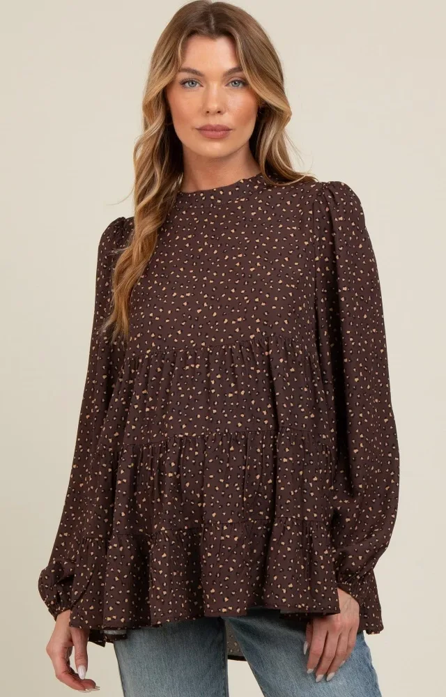 Brown Animal Print Mock Neck Tiered Maternity Top