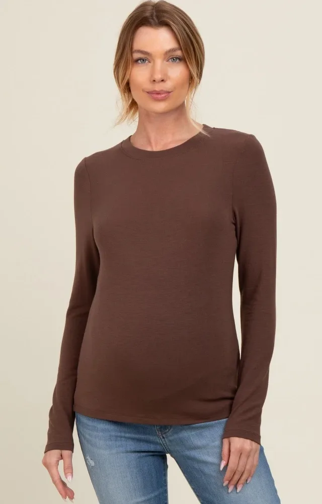 Brown Basic Fitted Maternity Long Sleeve Top