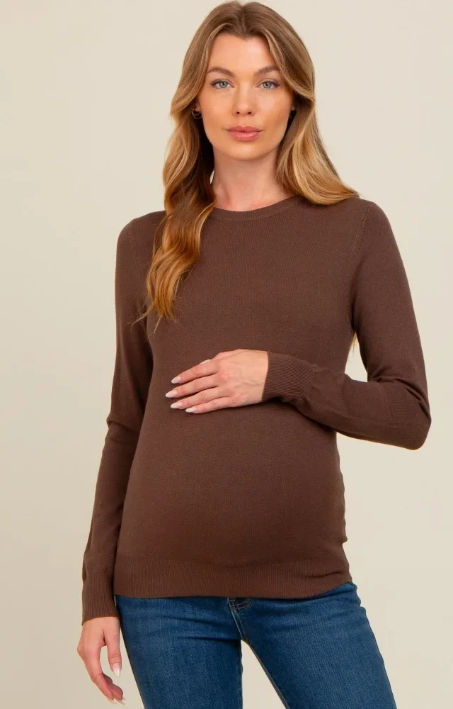 Brown Basic Soft Knit Maternity Sweater