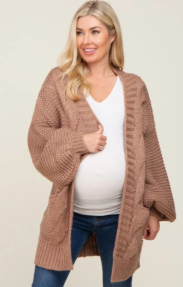 Brown Cable Knit Front Pocket Maternity Cardigan