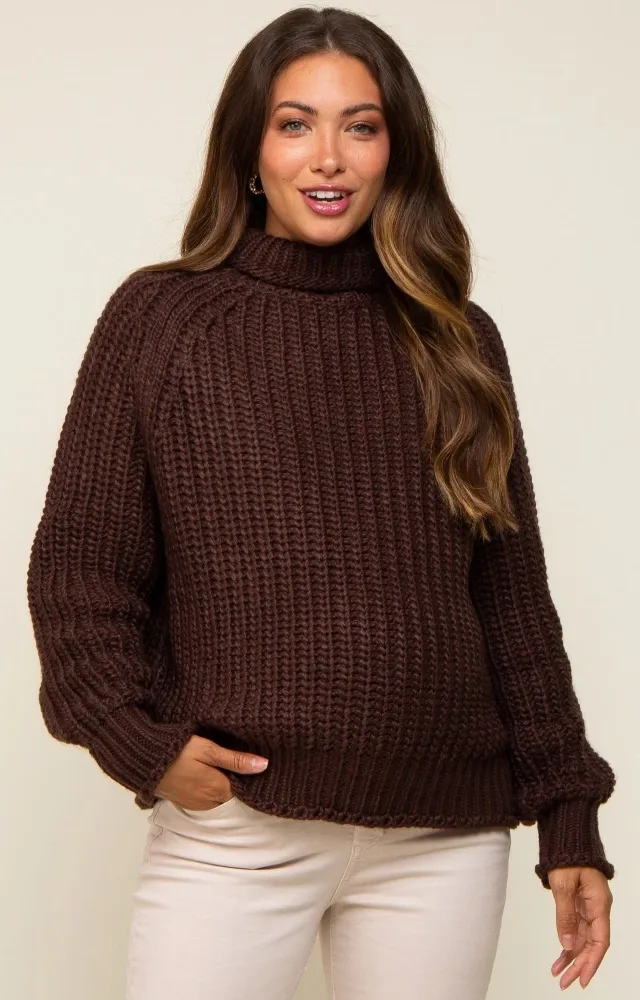 Brown Chunky Knit Mock Neck Maternity Sweater