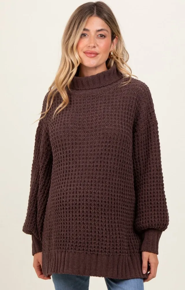 Brown Chunky Waffle Knit Maternity Turtleneck Sweater