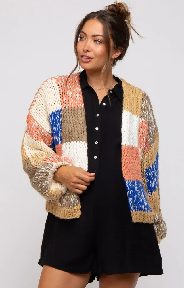 Brown Color Block Checkered Thick Knit Maternity Cardigan