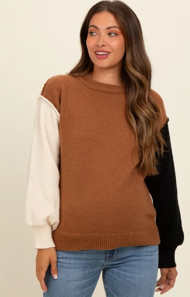 Brown Colorblock Sleeve Maternity Sweater