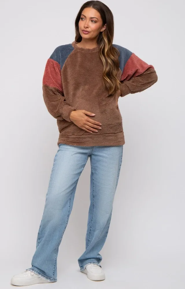 Brown Colorblock Soft Fleece Pullover Maternity Sweater