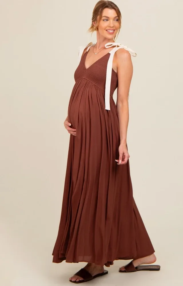 Brown Contrast Shoulder Tie Smocked Maternity Maxi Dress