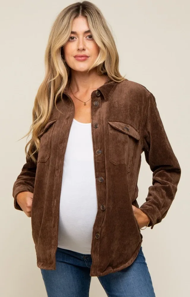 Brown Corduroy Plaid Fleece Lined Button Down Maternity Shacket