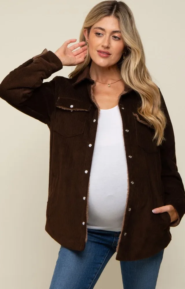 Brown Corduroy Sherpa Lined Maternity Shacket