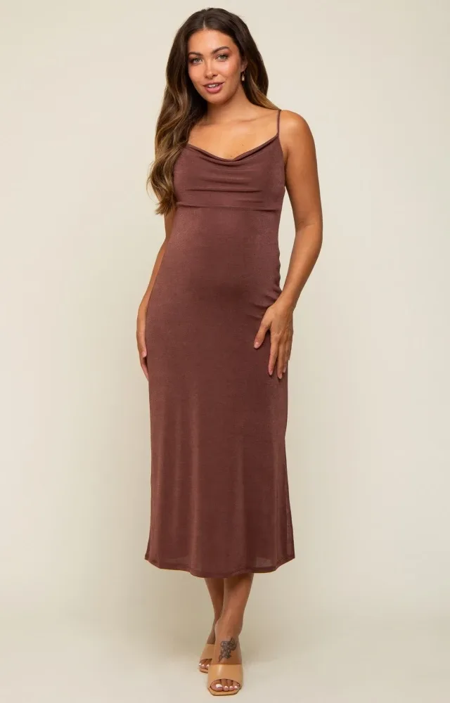 Brown Cowl Neck Maternity Midi Dress