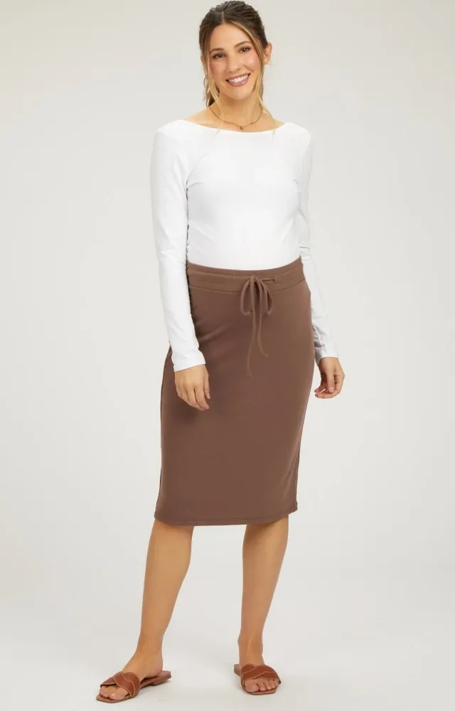 Brown Drawstring Maternity Midi Skirt