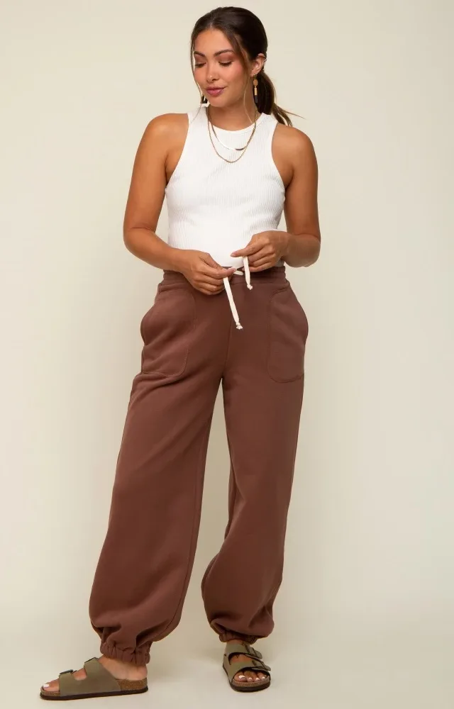 Brown Drawstring Maternity Relaxed Fit Sweatpants