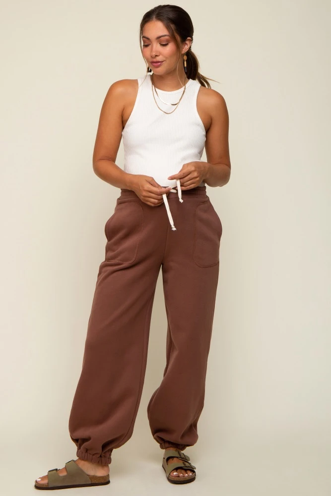 Brown Drawstring Maternity Relaxed Fit Sweatpants