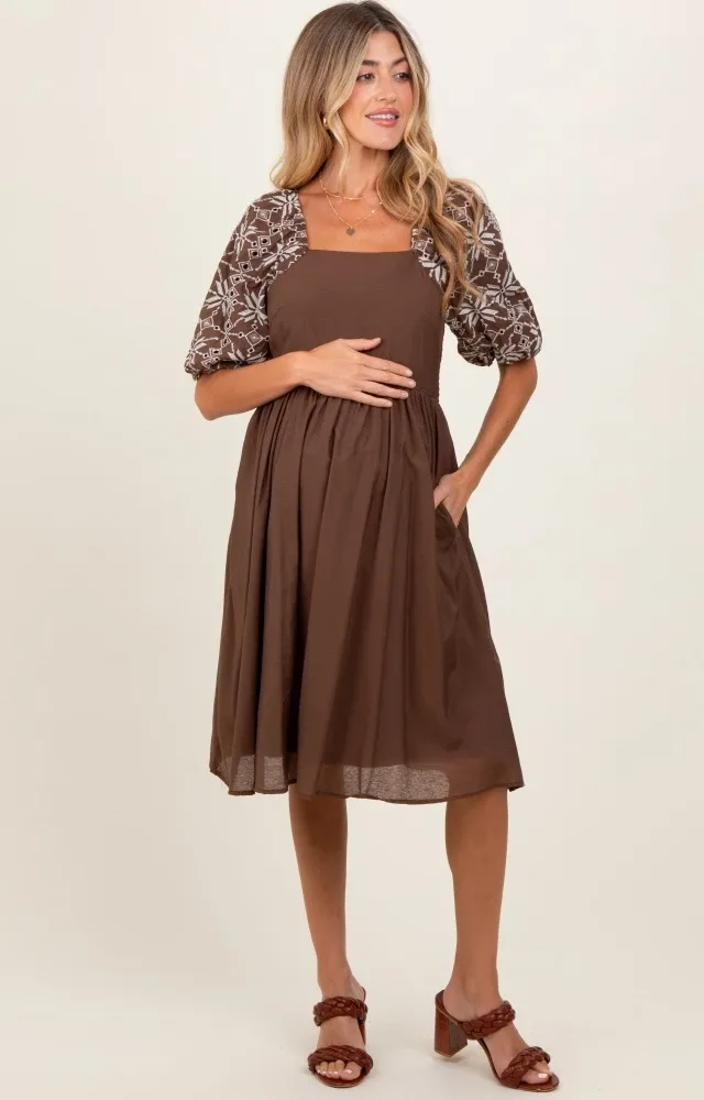 Brown Embroidered Puff Short Sleeve Square Neck Maternity Dress