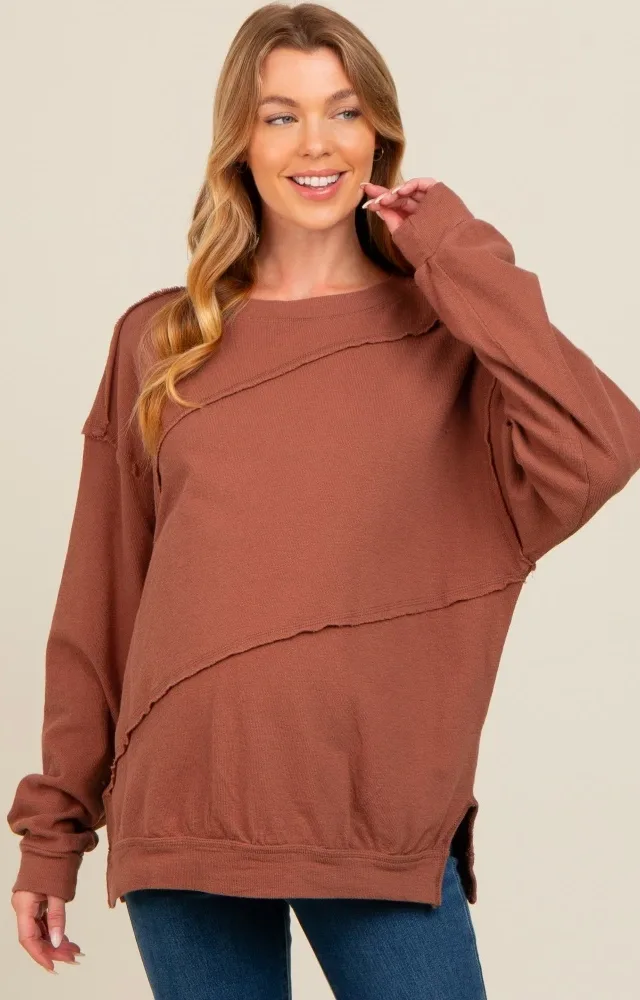 Brown Exposed Seam Dolman Sleeve Maternity Sweatshirt