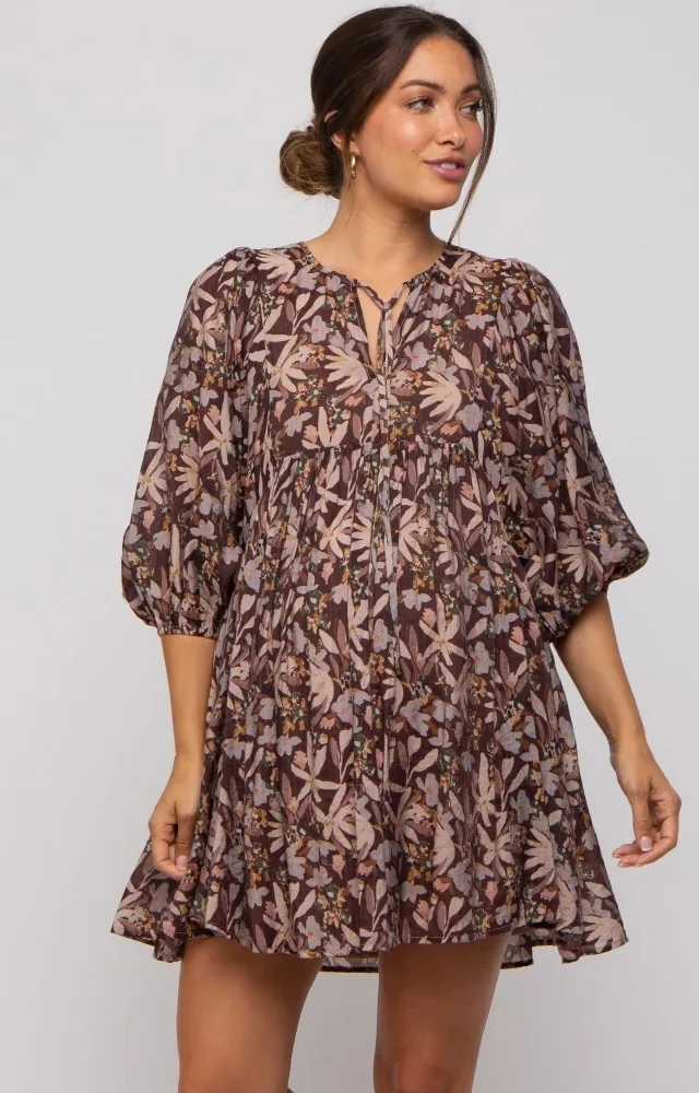 Brown Floral 3/4 Sleeve Maternity Dress