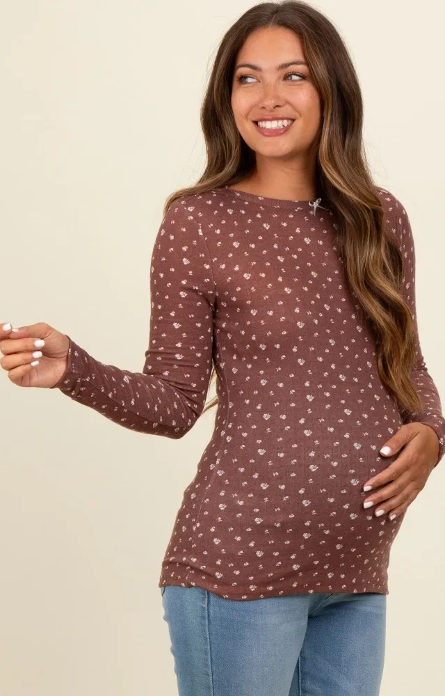 Brown Floral Bow Detail Long Sleeve Fitted Maternity Top