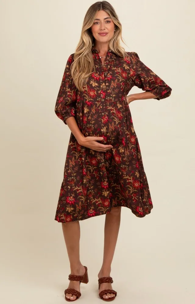 Brown Floral Button Down Maternity Midi Dress