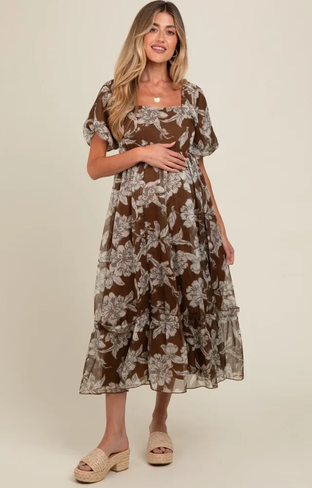 Brown Floral Chiffon Ruffle Hem Maternity Midi Dress