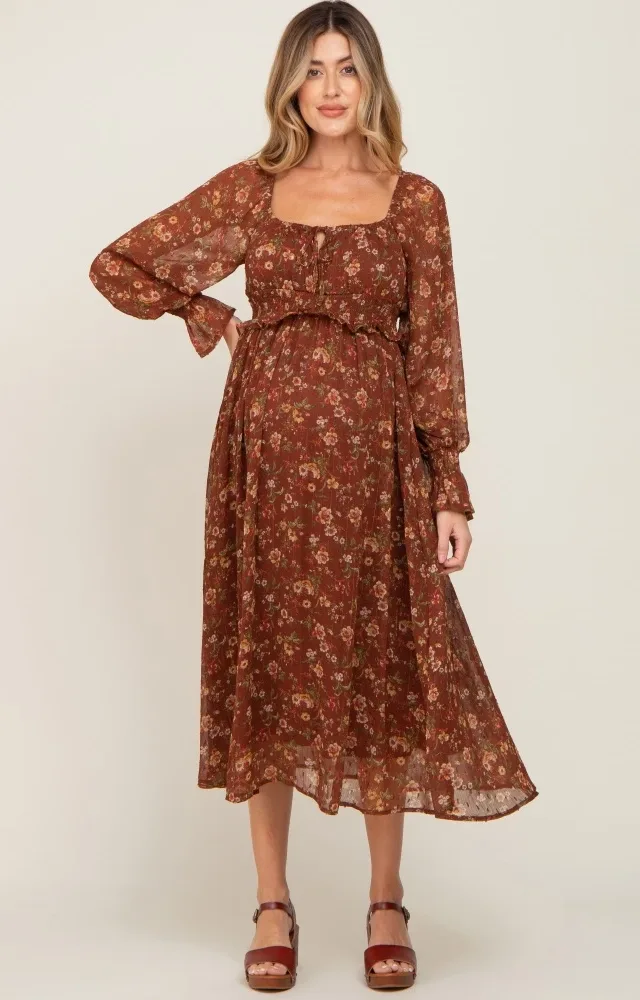 Brown Floral Chiffon Smocked Waist Maternity Midi Dress