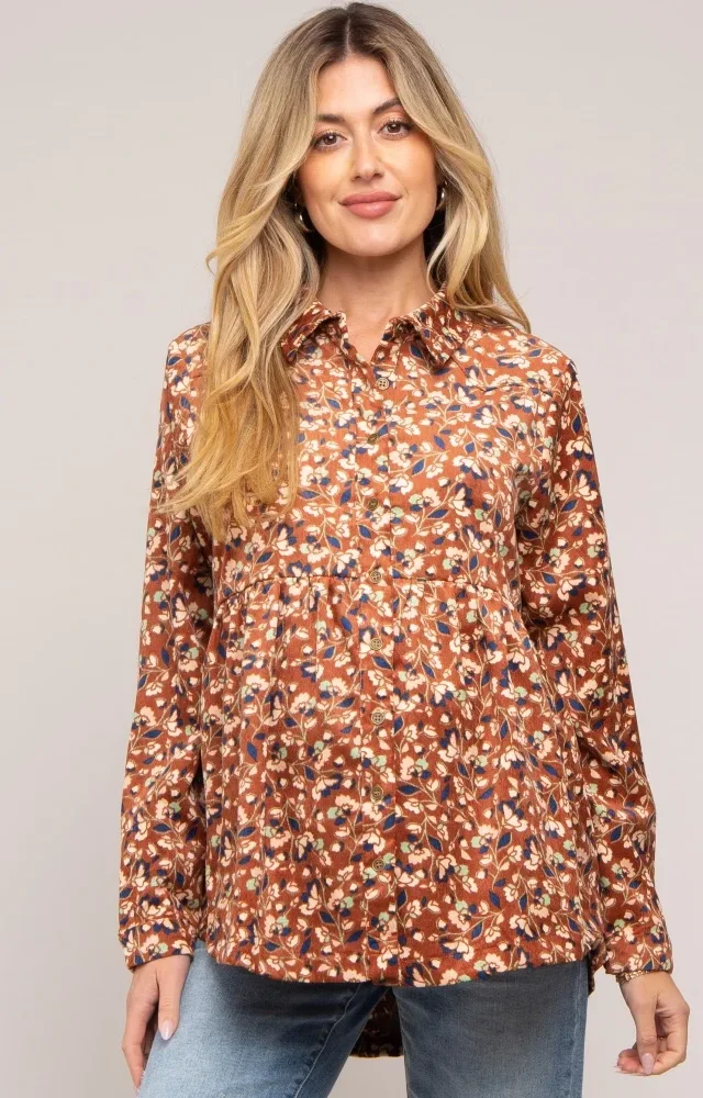 Brown Floral Corduroy Button Up Maternity Top