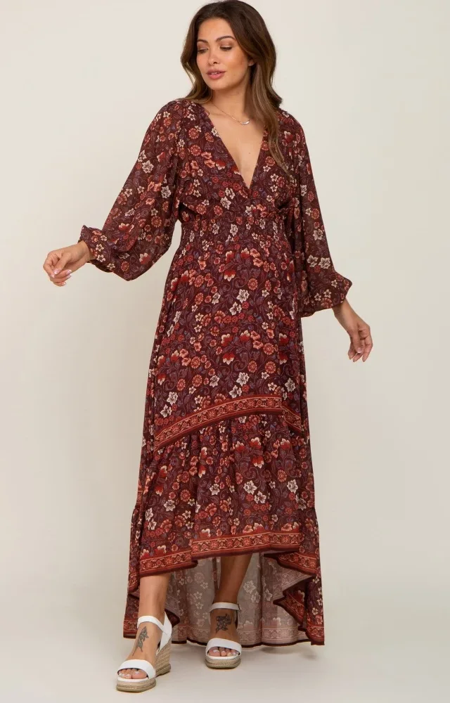 Brown Floral Hi-Lo Train Maternity Maxi Dress