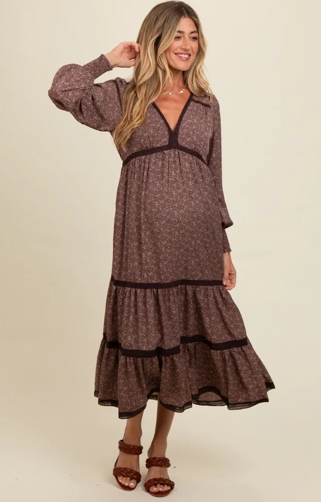 Brown Floral Lace Trim Bubble Sleeve Maternity Maxi Dress