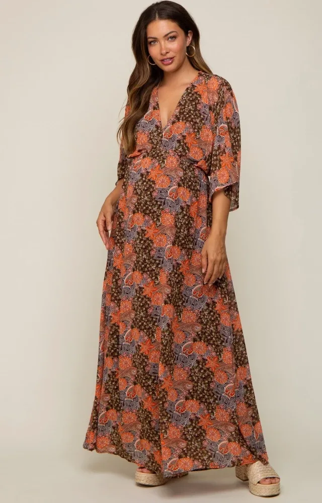 Brown Floral Paisley Chiffon Maternity Maxi Dress