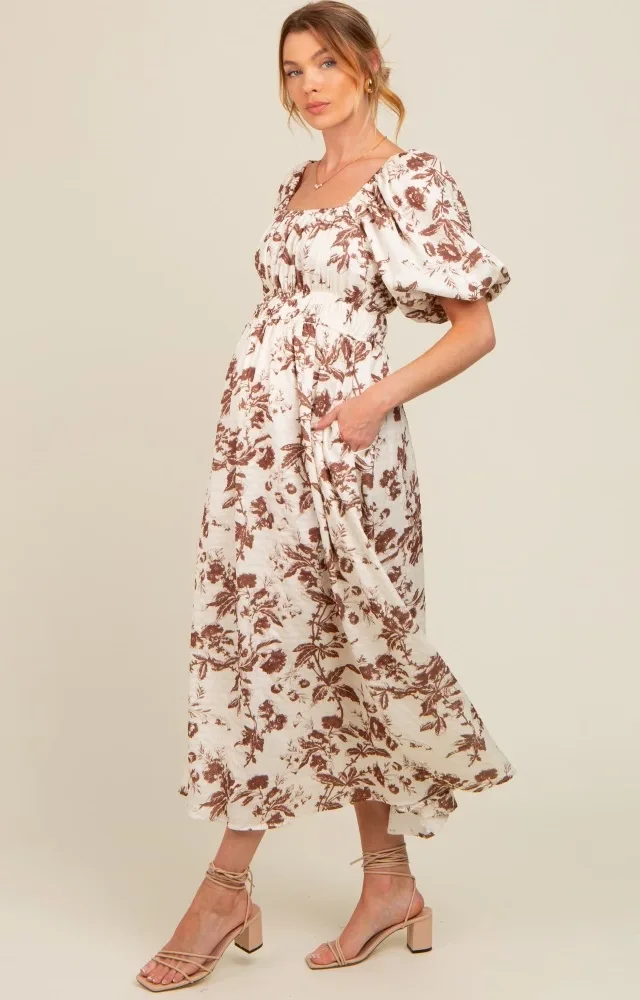 Brown Floral Puff Sleeve Maternity Midi Dress