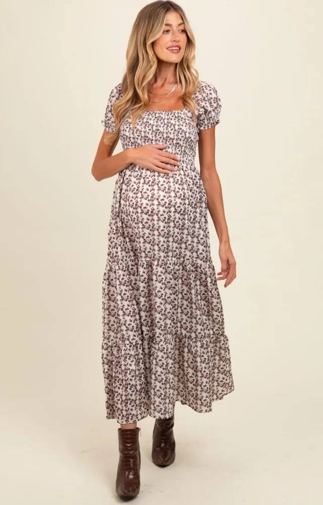 Brown Floral Puff Sleeve Smocked Maternity Maxi Dress