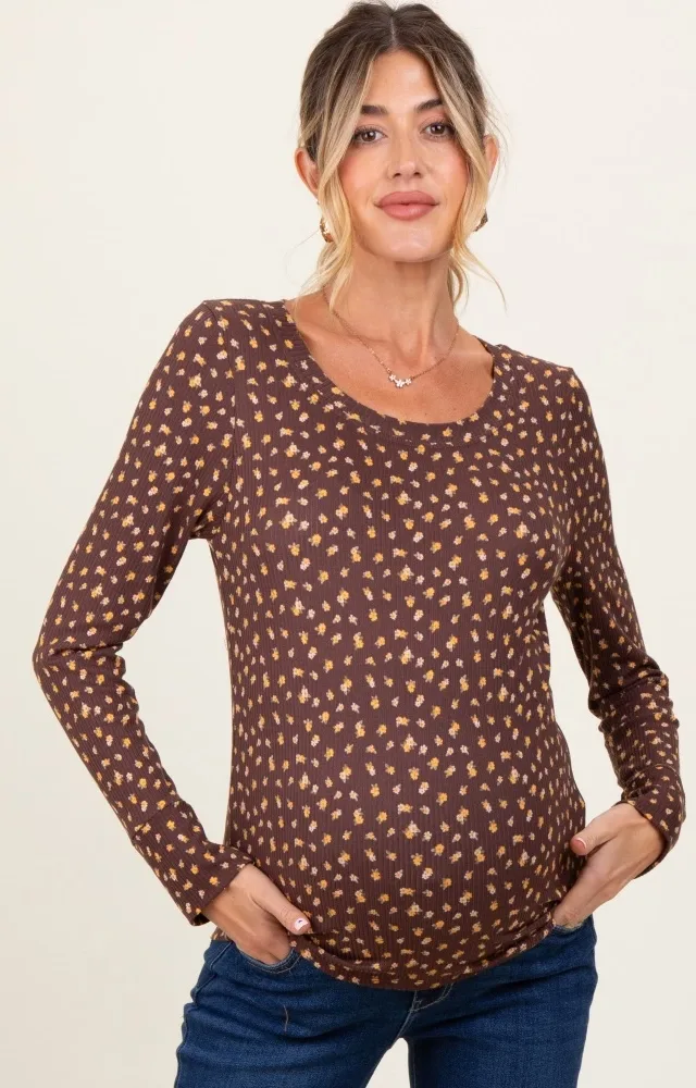 Brown Floral Ribbed Long Sleeve Maternity Top