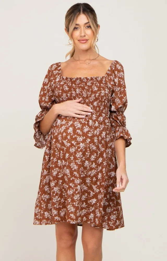 Brown Floral Ruffle Sleeve Smocked Maternity Dress