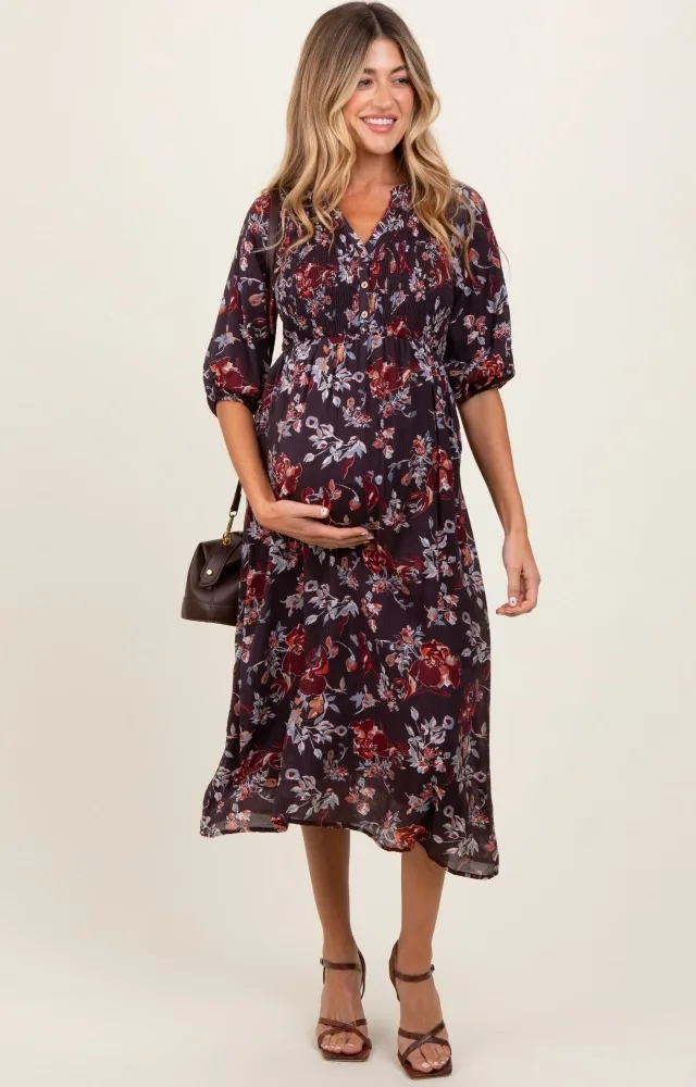 Brown Floral Smocked Button Down Maternity Midi Dress