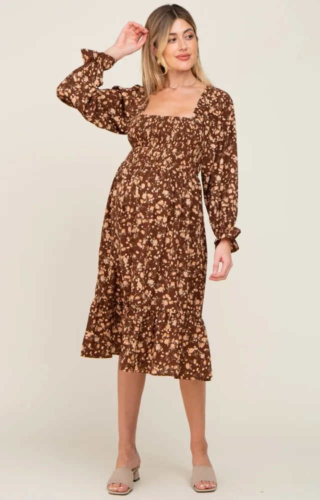 Brown Floral Smocked Long Sleeve Maternity Midi Dress