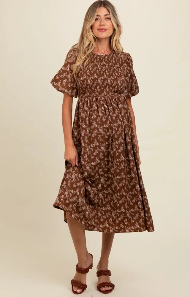 Brown Floral Smocked Maternity Midi Dress