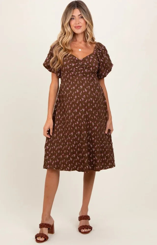 Brown Floral Smocked Sweetheart Maternity Dress