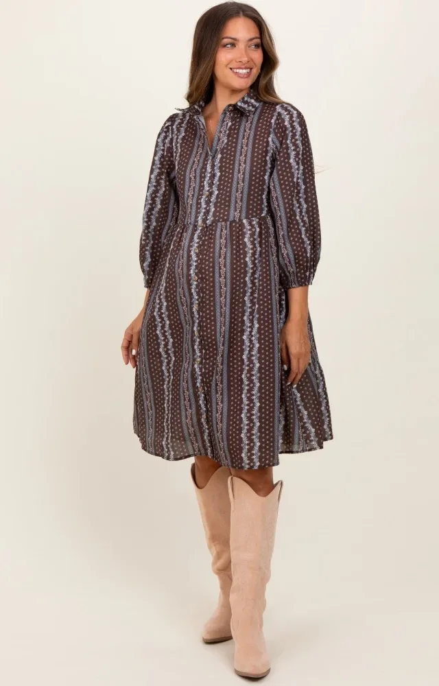 Brown Floral Striped Button Down Maternity Midi Dress