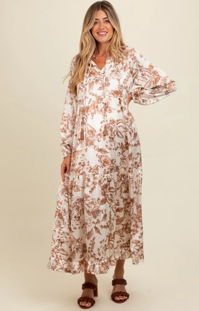 Brown Floral Tassel Tie Front Maternity Maxi Dress