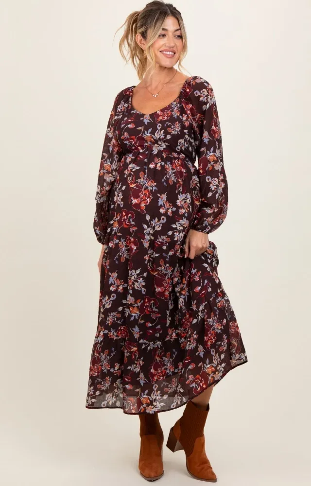 Brown Floral V-Neck Bubble Sleeve Maternity Maxi Dress